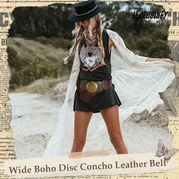 Women Western Leather Belt Boho Dics Conch Waist Belt for Dress Jeans